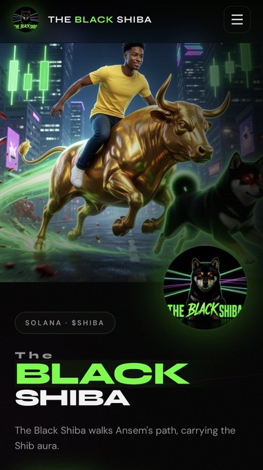 A promotional page for 'THE BLACK SHIBA' meme token on Solana ($SHIBA), depicting a person riding a golden bull alongside a black dog.