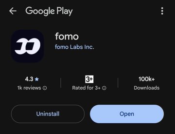 A Google Play Store listing for the 'fomo' app by Fomo Labs Inc., showing a 4.3-star rating with 1k reviews, rated for 3+, and 100k+ downloads.