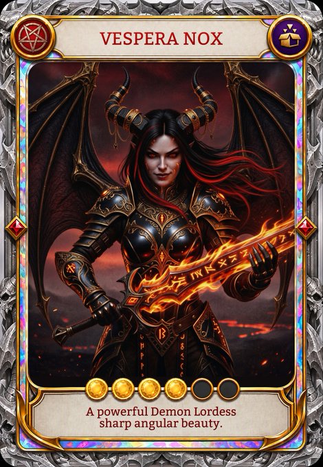 A trading card titled 'VESPERA NOX' showing a 'powerful Demon Lordess sharp angular beauty,' depicted with black armor, horns, and wings while holding a glowing sword covered in symbols, with three stars filled in at the bottom.