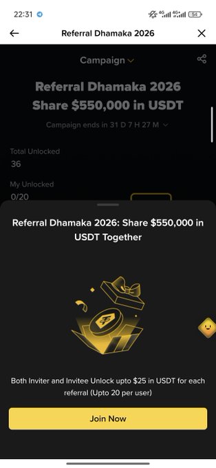 Mobile screenshot of a 'Referral Dhamaka 2026' campaign offering to 'Share $550,000 in USDT Together,' with a 'Join Now' button and details showing 'Total Unlocked 36.'