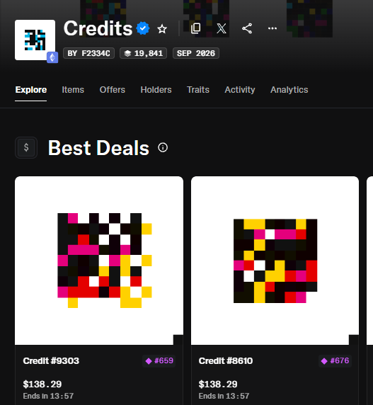 A webpage showing 'Credits' items listed for sale, including 'Credit #9303' for $138.29 and 'Credit #8610' for $138.29, both with pixelated artwork.