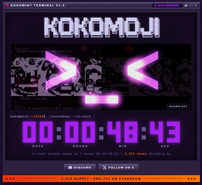 A countdown timer for the Kokomoji mint on Ethereum shows 00:00:48:43 remaining, with 3,333 faces standing by, directly supporting the post's reminder that the public raffle is closing in less than an hour with a 3,333 supply.