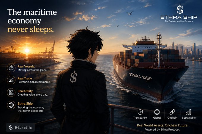 A promotional graphic for 'ETHRA SHIP - The Onchain Maritime Economy' featuring an anime-style character overlooking a container ship at sunset, with text 'The maritime economy never sleeps.'