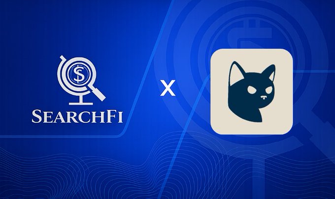 A promotional graphic showing logos for 'SEARCHFI' (with a magnifying glass containing a dollar sign) and a black cat icon, separated by an 'X', set against a blue background.