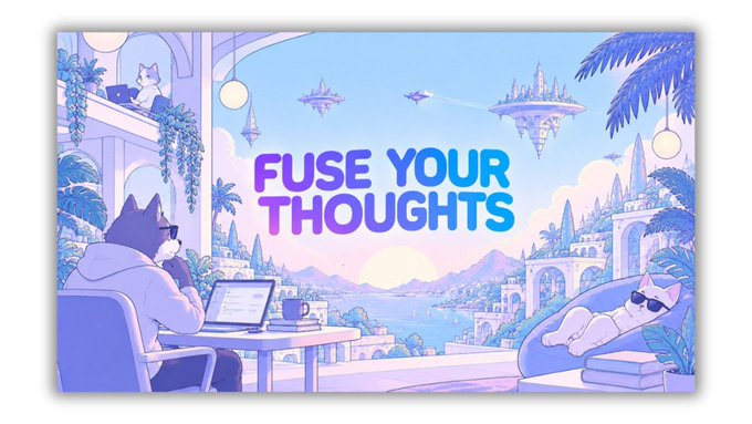 A pastel-colored illustrated banner featuring a cat working on a laptop with the text "FUSE YOUR THOUGHTS" in a fantasy landscape.