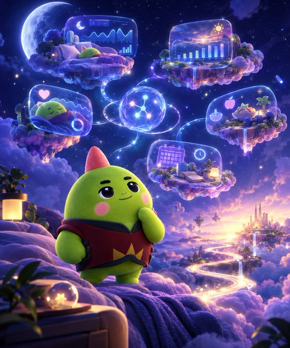 An artistic image of a green cartoon character in a red outfit looking at floating islands containing various scenes like sleeping and weather data, set against a starry purple cosmic background with a glowing river below.