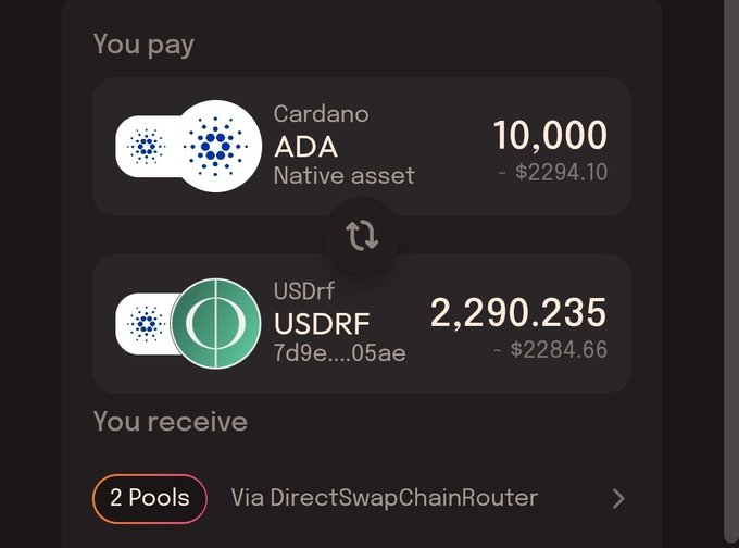 A crypto swap interface shows a trade of 10,000 ADA (Cardano) for 2,290.235 USDRF, valued around $2,294, via 'DirectSwapChainRouter' using 2 Pools.
