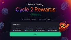 A promotional banner for a "Referral Staking" program titled "Cycle 2 Rewards" displaying an ABT amount of 10,000 and a cycle 2 status of "Ended," with sections for My Rewards, Unlocked Rewards, Global Rewards, and Top/Streak Rewards.