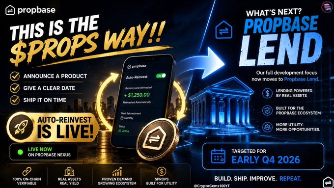 A promotional graphic for "propbase" advertising "Auto-Reinvest is Live!" and the upcoming "Propbase Lend" platform targeted for early Q4 2026, highlighting 100% on-chain verifiability and real assets yield.