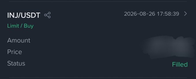 A dark-themed cryptocurrency exchange interface showing an INJ/USDT Limit Buy order marked as Filled, dated 2026-08-26 17:58:39.