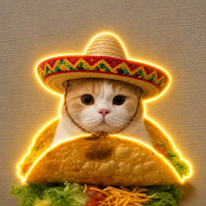 The image features an adorable cat wearing a sombrero hat while sitting inside a taco shell filled with lettuce, cheese, tomatoes, and sour cream. The cat appears to be enjoying its time in the taco shell, surrounded by the delicious ingredients of the taco. The photo is accompanied by a caption that reads "MEET EL GATO TACO A regular cat accidentally fell into a sacred taco during a Mexican fiesta. The Taco Gods chose him Now he travels across the blockchain spreading tacos, memes and chaos".