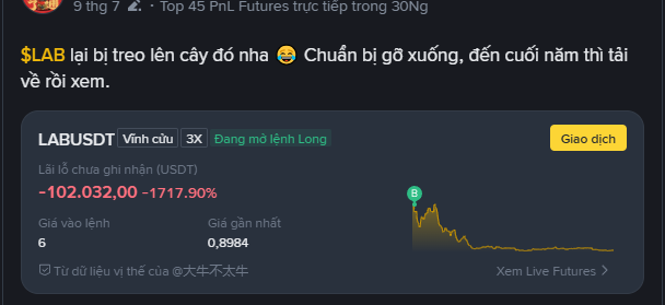 The image shows a stock wall showing a downward trend on the ticker LABUST, falling almost 10,000. A picture caption shows how much money you can lose chasing the stock, and how sad things look for the investor.