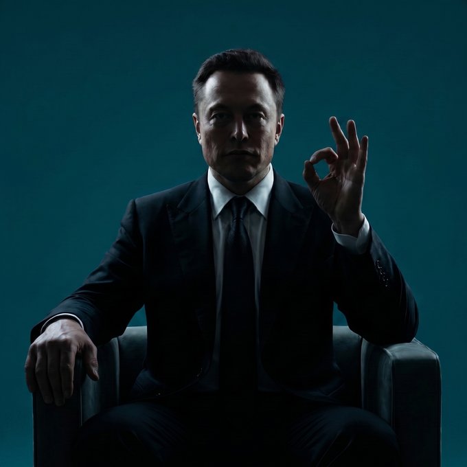 The image features a man sitting in a chair wearing a suit and tie, with his hand raised in an "ok" gesture. The background of the photo is dark blue, which contrasts with the man's attire and emphasizes him as the main subject. There are no other objects or people visible in the picture, making it a simple yet striking composition that highlights the man's pose and expression.