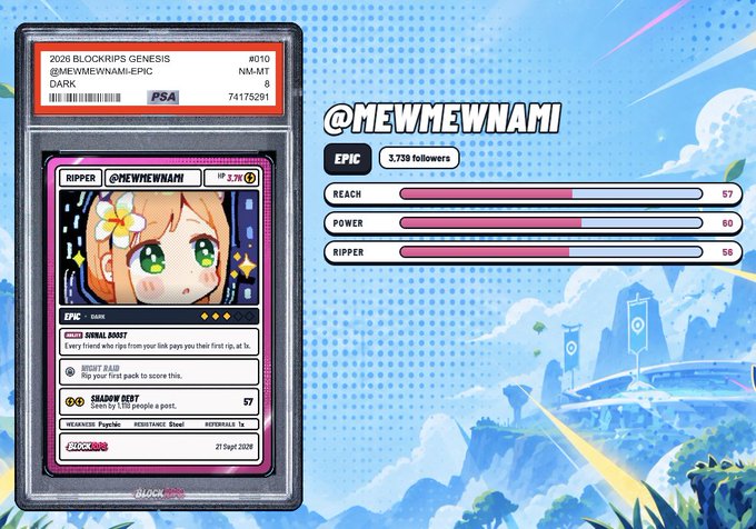 A trading card titled "@MEWMEWNAMI" from "2026 BLOCKRIPS GENESIS" shows an Epic rarity card with stats: Reach 57, Power 60, Ripper 58.