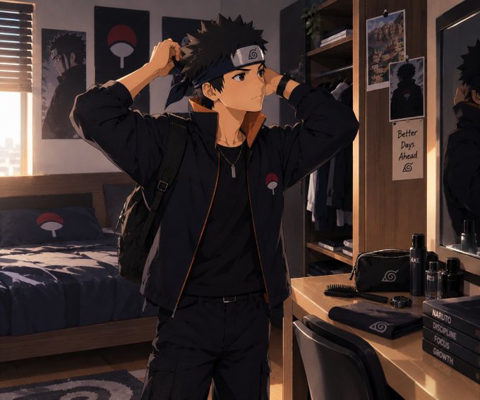 An anime-style illustration of a character dressed in a Naruto-inspired outfit with a leaf village headband, adjusting his hair in a bedroom decorated with posters and manga.