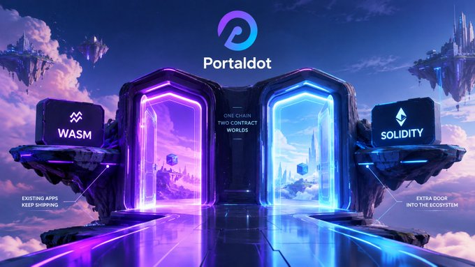 A promotional graphic for 'Portaldot' showing two glowing portals connecting WASM (labeled 'EXISTING APPS KEEP SHIPPING') and SOLIDITY (labeled 'EXTRA DOOR INTO THE ECOSYSTEM') with the tagline 'ONE CHAIN, TWO CONTRACT WORLDS'.