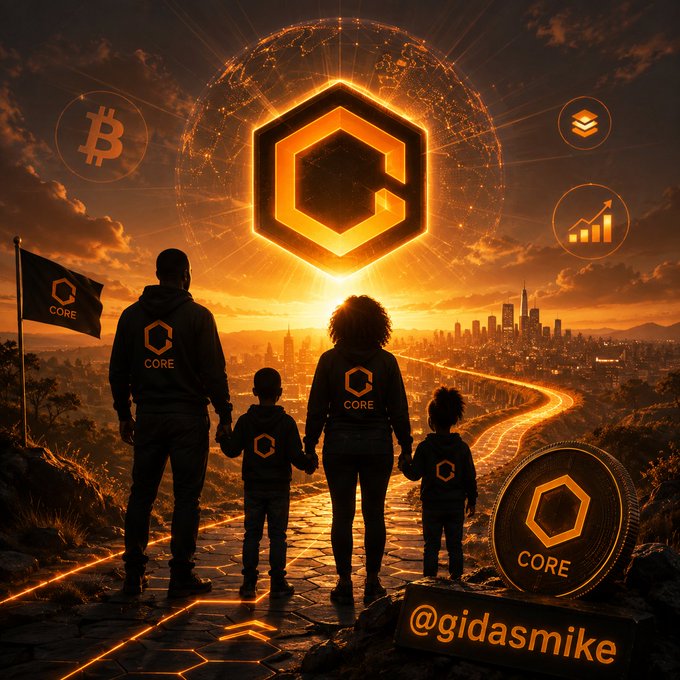 A silhouetted family wearing "CORE" branded clothing stands together before a glowing orange Core DAO logo and a futuristic cityscape, flanked by a Bitcoin symbol and a large "CORE" coin. The watermark "@gidasmike" appears in the bottom corner, visually reinforcing the post's message about making one decisive choice to build long-term wealth with $CORE through stacking and staking rather than chasing short-term hype.