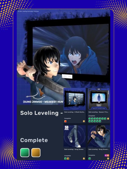 Promotional graphic for a Solo Leveling animation partnership completion, featuring character Sung Jinwoo with the text 'SUNG JINWOO - WEAKEST HUNT' and a 'Complete' status showing green and gold indicators.