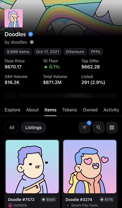 Screenshot of the 'Doodles' NFT collection page by doodles, showing a floor price of Ξ670.17, total volume of $871.2M, and 9,998 items.
