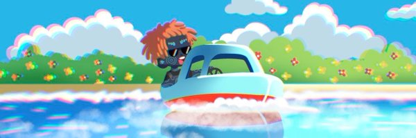 An animated character with orange hair wearing a mask drives a small boat across bright blue water, with a sunny sky and colorful flower-decorated hills in the background.