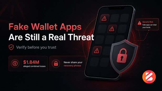 Warning graphic titled 'Fake Wallet Apps Are Still a Real Threat' advising to 'Verify before you trust,' noting '$1.84M alleged combined losses' and 'Never share your recovery phrase.'