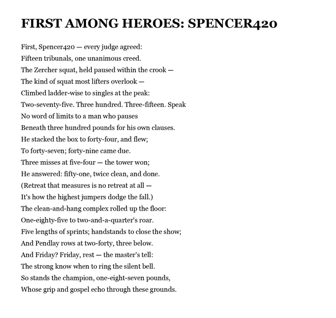 The image is a poem titled "FIRST AMONG HEROES: SPENCER420" that celebrates a powerlifting champion through verse, highlighting notable lifts like a 275, 300, 315 squat and a 249 bench press, and praising his 187-pound build and mastery of the sport.

The post connects to the poem by recognizing Spencer420 as one of Ethereum's "toughest warriors" alongside other notable figures like CurveCap, Battman, rektdiomedes, and rktbay—echoing the heroic tribute the poem pays to his strength and achievements.