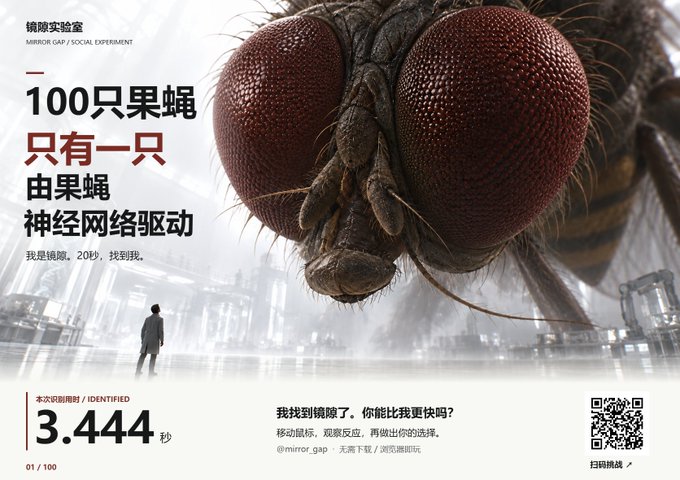 An advertisement featuring a giant fly face with Chinese text including '100只果蝇' (100 fruit flies), '由果蝇神经网络驱动' (driven by fruit fly neural network), and 'MIRROR GAP / SOCIAL EXPERIMENT', showing a timer of 3.444 seconds.