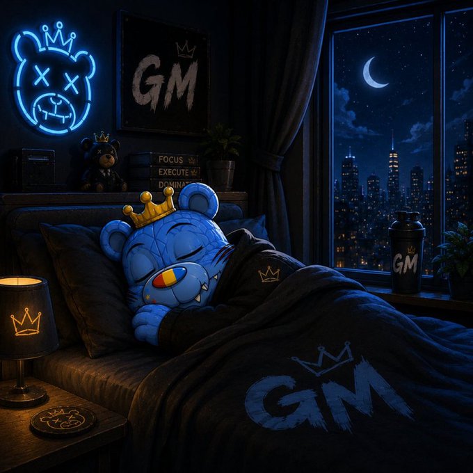 An artistic illustration of a blue bear NFT character wearing a crown, sleeping in a bed with 'GM' (Good Morning) themed decor, neon lights, and a nighttime city skyline view.