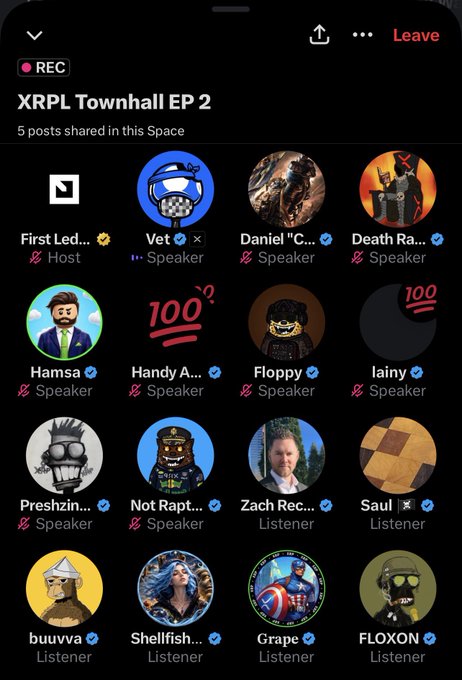 This image shows a "XRPL Townhall EP 2" event with hosts and speakers like "First Led...", "Vet", and "Hamsa" discussing topics related to XRP. The visual layout with profile pictures and "Speaker" or "Listener" labels is typical of a live audio or social media platform event.
