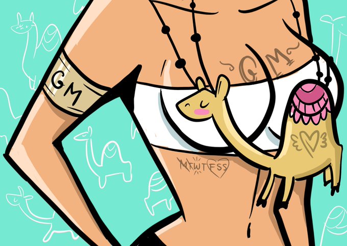 An illustrated character wearing white underwear with tattoos like 'GM', 'N♥FSS', and '2♥3' on their body, alongside a cartoon alpaca/llama with a pink saddle, set against a teal background with llama doodles.