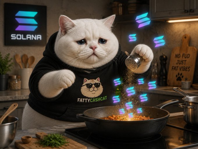 An anthropomorphic white cat wearing a 'FATTYCASHCAT' hoodie sprinkles seasoning into a pan in a kitchen, with Solana (SOL) logos floating around and a 'SOLANA' sign on the wall.