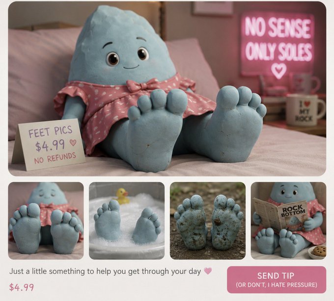 The image depicts a promotional page for a plush character being sold at "$4.99 - FEET PICS - NO REFUNDS," with the plush shown in various settings including reading a book labeled "ROCK BOTTOM" and accompanied by signs reading "NO SENSE ONLY SOLES" and "I ❤️ MY ROCK." The caption plays along with the post by suggesting this flirtatious, foot-focused character (despite having no actual feet—having feet instead) is being marketed as a cheeky "tip" opportunity, playing on the foot pic joke and the Reddit referral context.