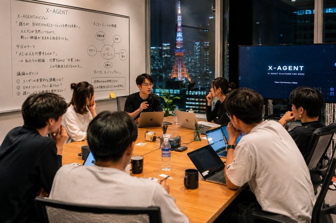 The image shows a group of six people sitting around a table with laptops open, engaged in a meeting or discussion. The room has a large window that offers a view of a city skyline at night, creating an urban atmosphere for their gathering. The participants are focused on the task at hand and appear to be collaborating effectively.