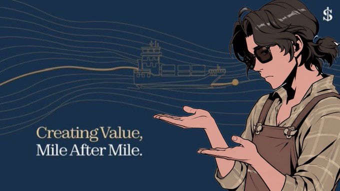 A digital illustration of a man in a plaid shirt and overalls holding a glowing orb, with text 'Creating Value, Mile After Mile.' and a cargo ship graphic in the background, alongside an 'SD' logo.