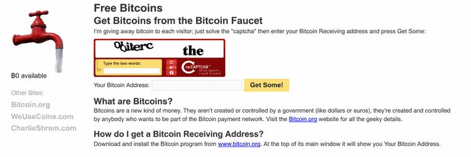 A screenshot of a "Free Bitcoins" faucet website featuring a faucet graphic on the left, a captcha challenge asking to "Type the two words" seen as "Diterc" and "the," and an input field for a Bitcoin address next to a "Get Some!" button.