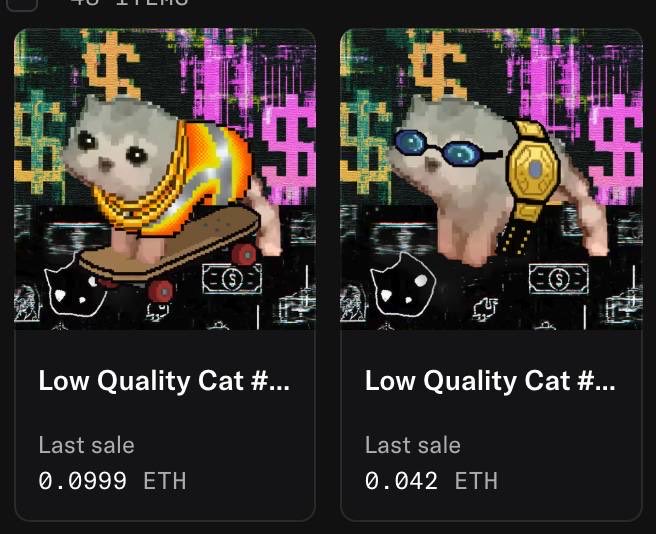 Two "Low Quality Cat" NFT listings are displayed, showing a pixelated cat against a glitchy neon background, with last sale prices of 0.0999 ETH and 0.042 ETH. This corresponds to the post highlighting the 0.099 ETH all-time high sale for the "Money Glitch" background variant of the LQmeow (Low Quality Cat) NFT collection.