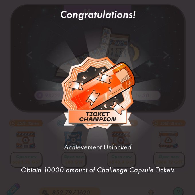 A 'Congratulations! Achievement Unlocked' screen from a mobile game displays a 'TICKET CHAMPION' badge, with the text 'Obtain 10000 amount of Challenge Capsule Tickets'.