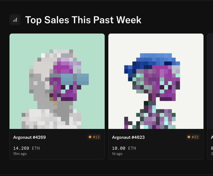 A screenshot showing 'Top Sales This Past Week' featuring two NFT items: 'Argonaut #4269' sold for 14.269 ETH (15m ago) and 'Argonaut #4623' sold for 10.00 ETH (1d ago), with pixelated portrait artwork.