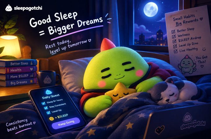 A promotional image for 'sleepagotchi' featuring a green sleeping character in bed with text 'Good Sleep = Bigger Dreams' and 'Rest today, level up tomorrow' alongside a 'Daily Quest' app interface.