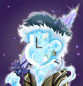 A stylized, glowing blue-skinned character with a crescent moon and the letter "L" on its forehead holds a crystal sword against a starry purple background. The mystical, fantasy artwork serves as a unique, eye-catching profile image to support the user's request for votes as nominee #21 in the NPC on-chain community.