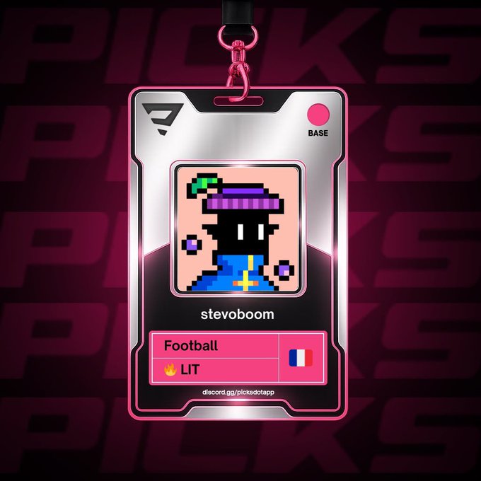 A digital ID badge or lanyard from the app discord.gg/picksdotapp featuring a pixel art character, the username 'stevoboom', and the category 'Football' alongside a French flag and a 'LIT' label with a fire emoji.