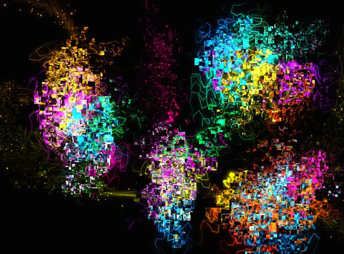 The image features a digital art piece with a black background, composed of small squares or rectangles that are colored in various shades of pink, blue, green, yellow, and purple. The colors appear to be randomly scattered across the canvas, creating an abstract and vibrant visual effect. The image is accompanied by a caption that reads "I have just collected space drip" by @teledildofonics on @objktcom objkt.com/tokens/KT1Hrbi". This suggests that the artist has found inspiration in the work of @teledildofonics, who has shared their collection with others through this post.