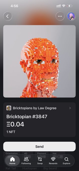 A mobile app screenshot showing an NFT titled 'Bricktopian #3847' by 'Brickstopians by Law Degree', priced at Ξ0.04, featuring a pixelated orange bust.