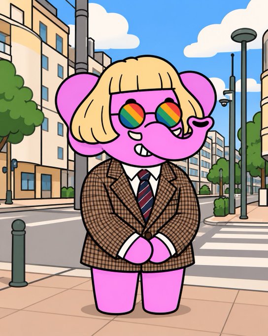 A cartoon illustration of a pink elephant character with blonde hair and rainbow-reflective sunglasses, wearing a brown checkered blazer and tie, standing on a city street.