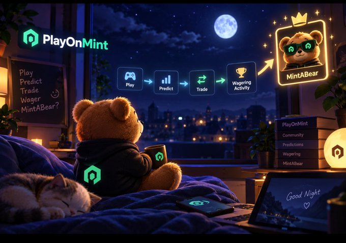 A teddy bear in a hoodie sits on a bed at night with a cat, gazing out a window at a moonlit cityscape, while a flowchart above illustrates the PlayOnMint journey from Play → Predict → Trade → Wagering Activity, leading to the "MintABear" NFT. A chalkboard lists "Play, Predict, Trade, Wager, MintABear?" and a glowing MintABear character with a crown appears in the top right, reinforcing the post's message that qualifying for MintABear requires active participation on the MINT platform.