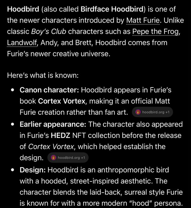 The image displays informational text about Hoodbird, describing it as a newer anthropomorphic bird character created by Matt Furie, featuring details about its appearance in the book *Cortex Vortex* and the HEDZ NFT collection, with its hooded street-inspired design.

The text supports the post's argument by establishing that Hoodbird is an official Matt Furie creation from his latest book *Cortex Vortex*, positioning it as a legitimate new character choice for the $HOOD chain rather than recycled older Furie IPs like Pepe or Hoppy.