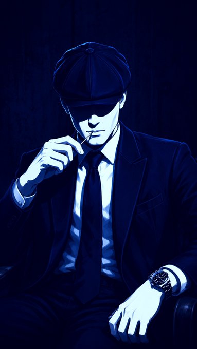 A stylized dark blue-toned illustration of a man in a suit and tie, wearing a cap, holding something to his mouth, with a watch visible on his wrist.