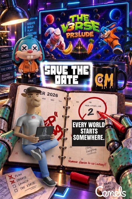 A colorful promotional image for "THE V3RSE PR3LUDE" reads "SAVE THE DATE" and "EVERY WORLD STARTS SOMEWHERE.." alongside various cartoon figurines and a calendar marked with October 2.