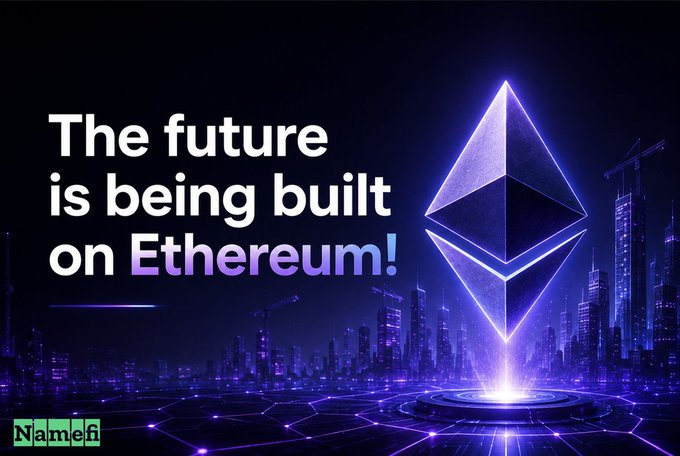A promotional graphic featuring the Ethereum logo with the text 'The future is being built on Ethereum!' and a 'Namefi' watermark.