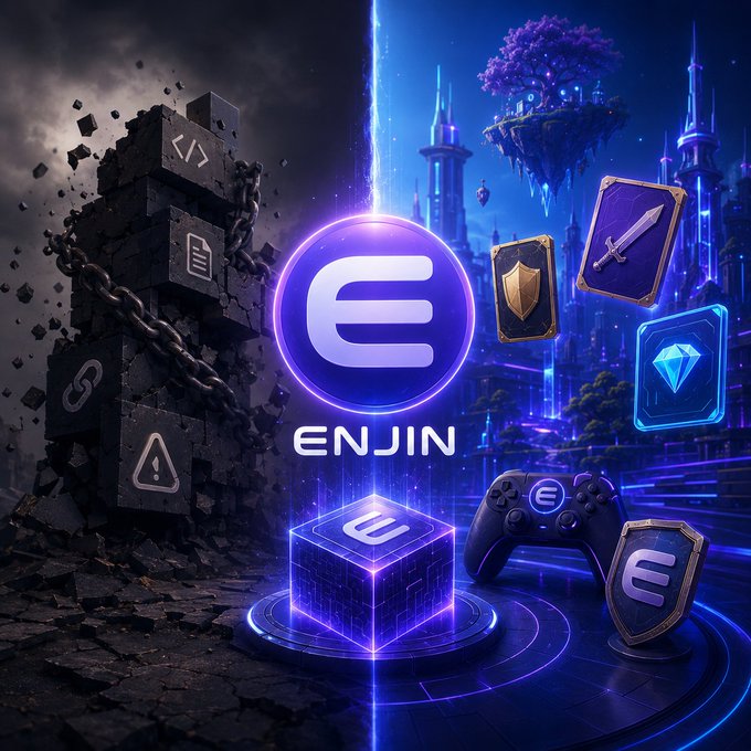 The image features the Enjin logo prominently centered in a glowing blue sphere, surrounded by gaming-related icons including a controller, shield, sword, and gem, alongside a blocky cube and a dark, chain-wrapped pillar against a futuristic fantasy cityscape. The text "ENJIN" is clearly visible below the logo, visually reinforcing the post's announcement of Enjin as the new home for OSP by showcasing the platform's gaming-focused blockchain ecosystem.